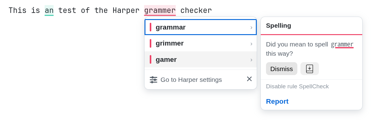 The current Harper suggestion popup with a flyout panel