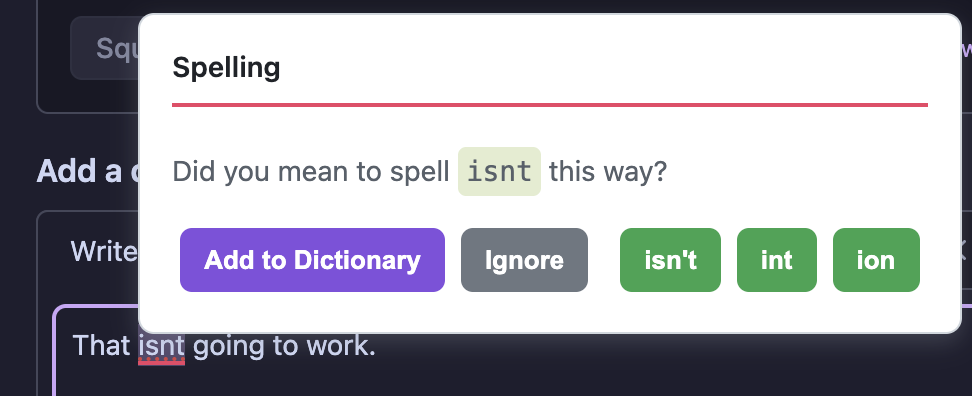 An intermediate Harper spelling suggestion popup