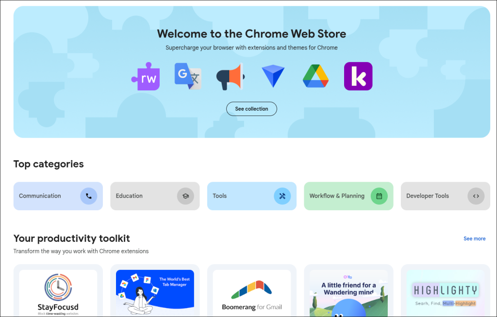 The Chrome Web Store Front Page